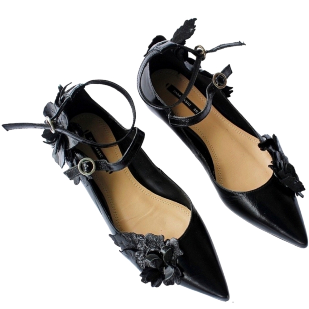 Zara Black Floral Leather Flats
